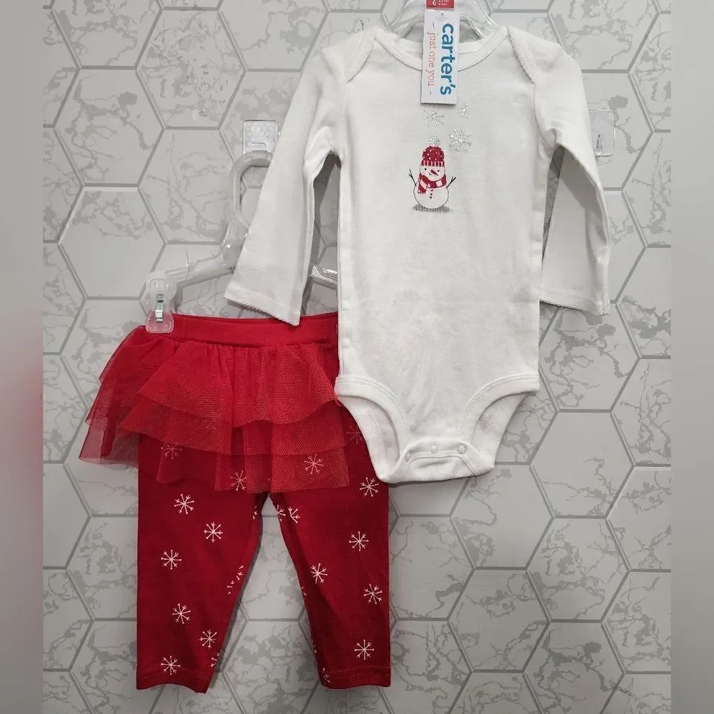 Nwt Carter's Baby Girls' Christmas Snowman Tutu Coordinate Set - Red/White